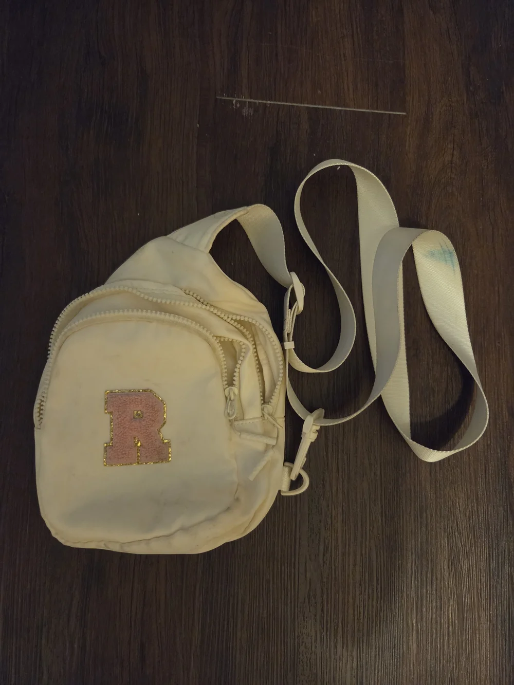 Cream Crossbody Sling Bag with Pink 'R' Patch